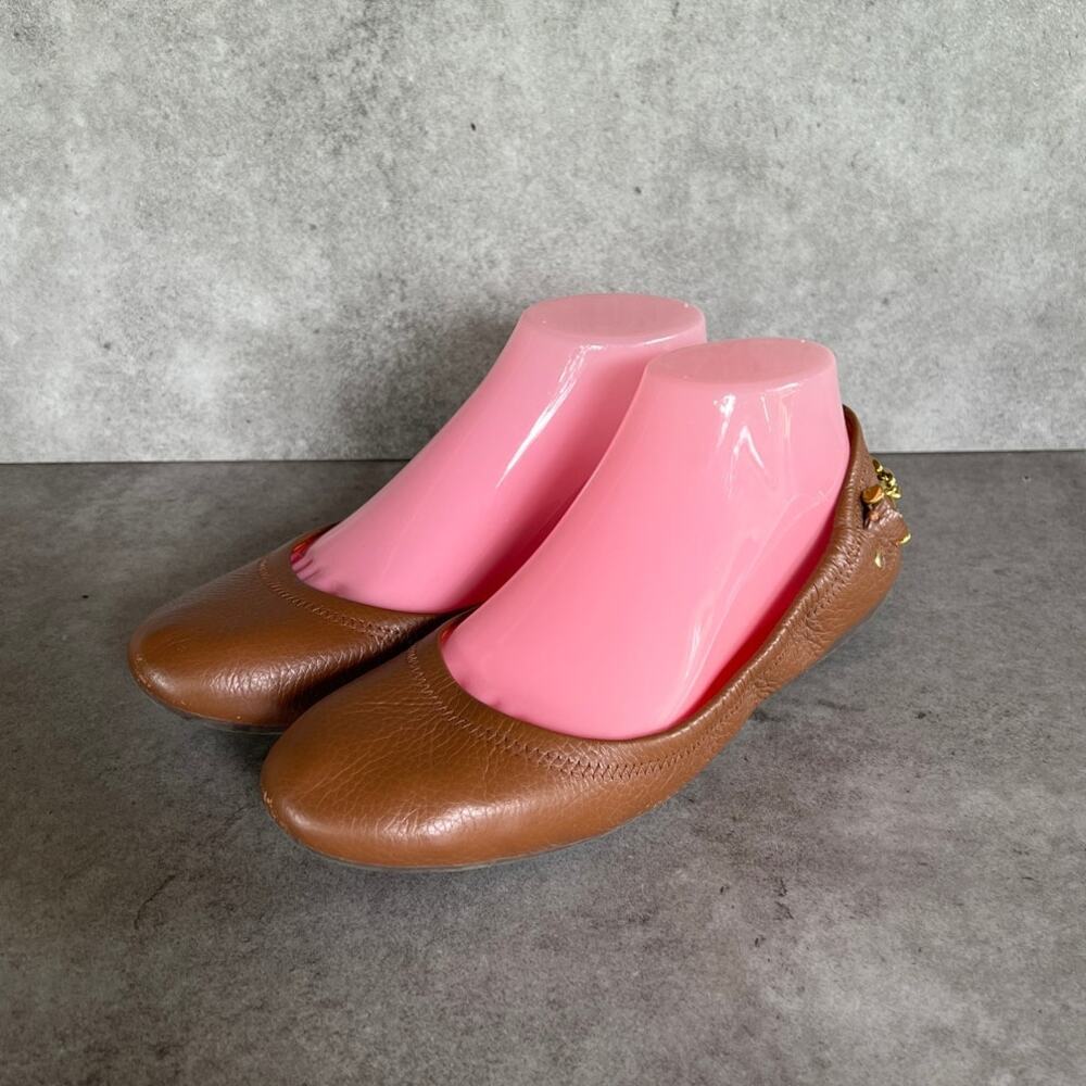 Ralph Lauren RLL Smooth brown leather ballet flats w gold chain detail office